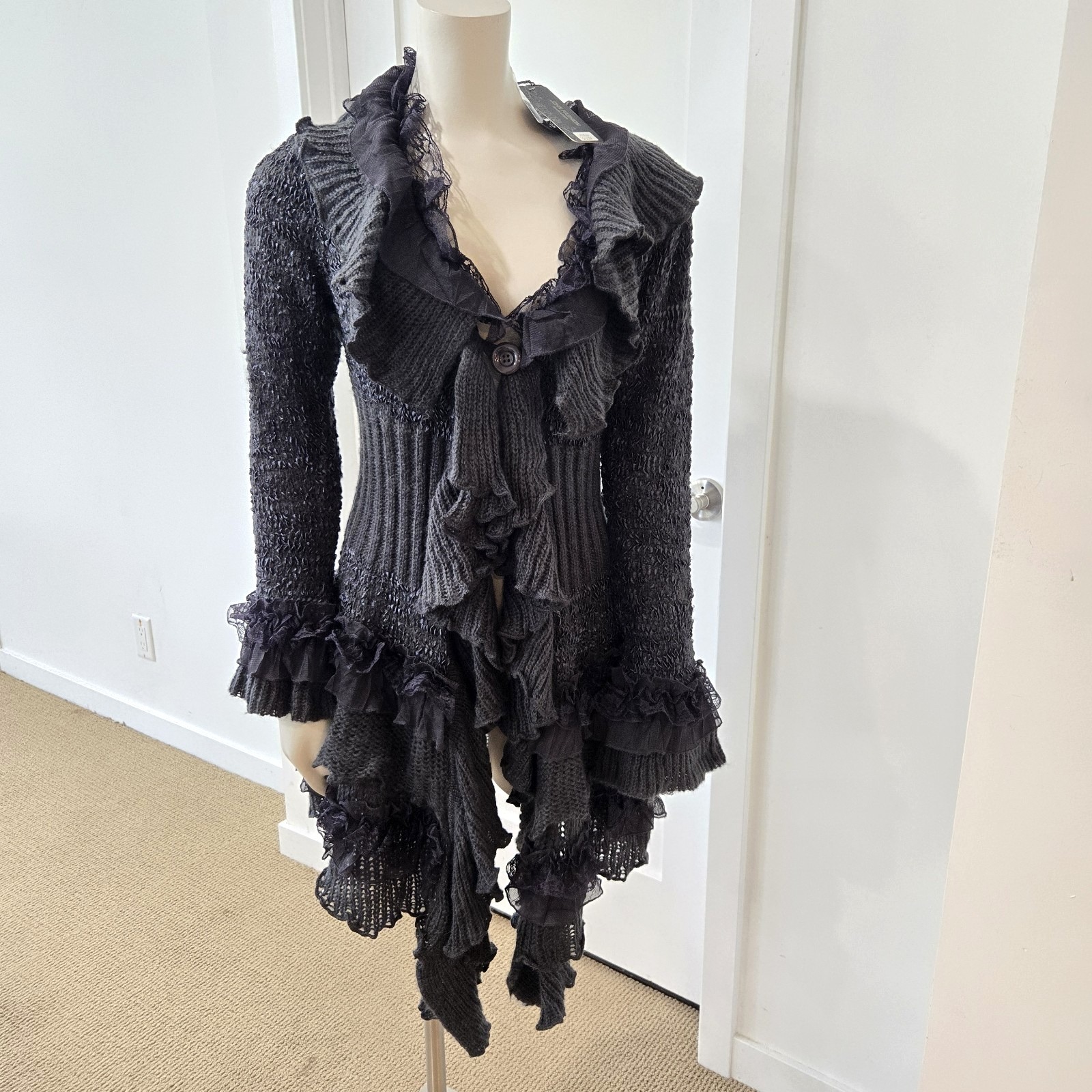 John Fashion Medium Cardigan Sweater Black Asymmetric Fairy Frilly Whimsigoth